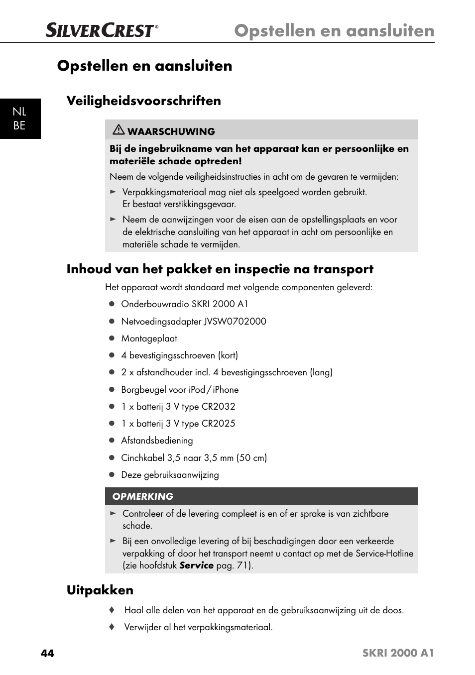 Opstellen en aansluiten, Veiligheidsvoorschriften, Inhoud van het pakket en inspectie na transport | Uitpakken, Nl be | Silvercrest SKRI 2000 A1 User Manual | Page 47 / 147