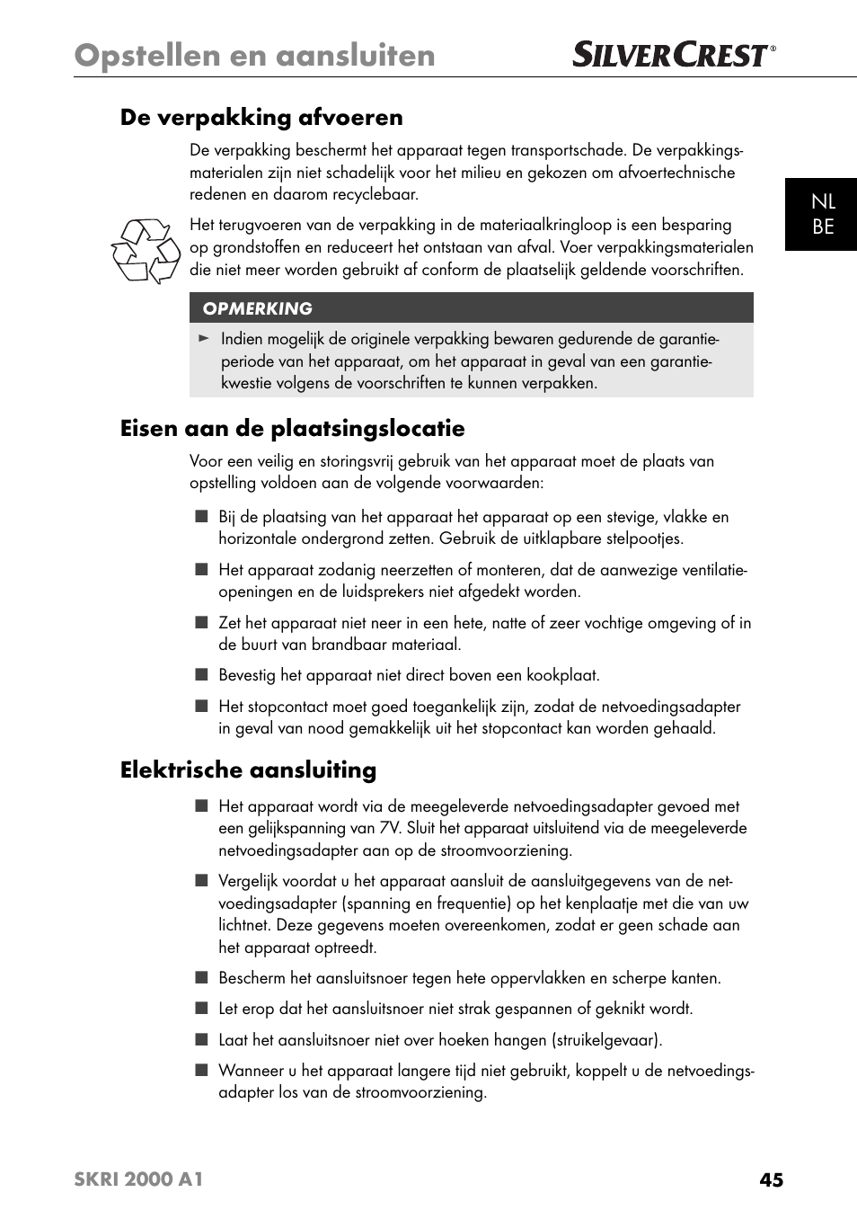 Opstellen en aansluiten, De verpakking afvoeren, Eisen aan de plaatsingslocatie | Elektrische aansluiting, Nl be | Silvercrest SKRI 2000 A1 User Manual | Page 48 / 147