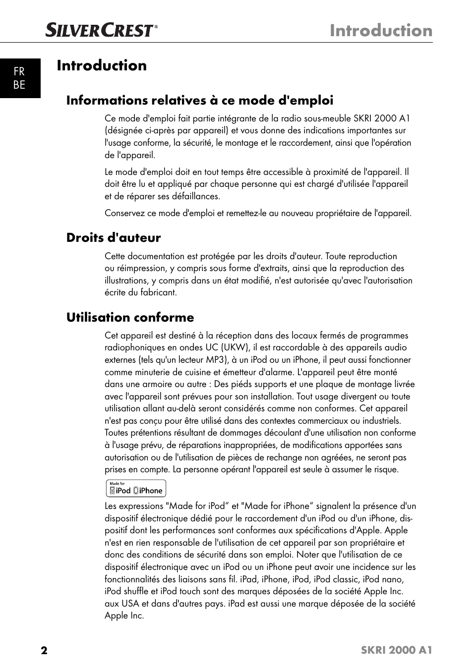 Introduction, Informations relatives à ce mode d'emploi, Droits d'auteur | Utilisation conforme | Silvercrest SKRI 2000 A1 User Manual | Page 5 / 147