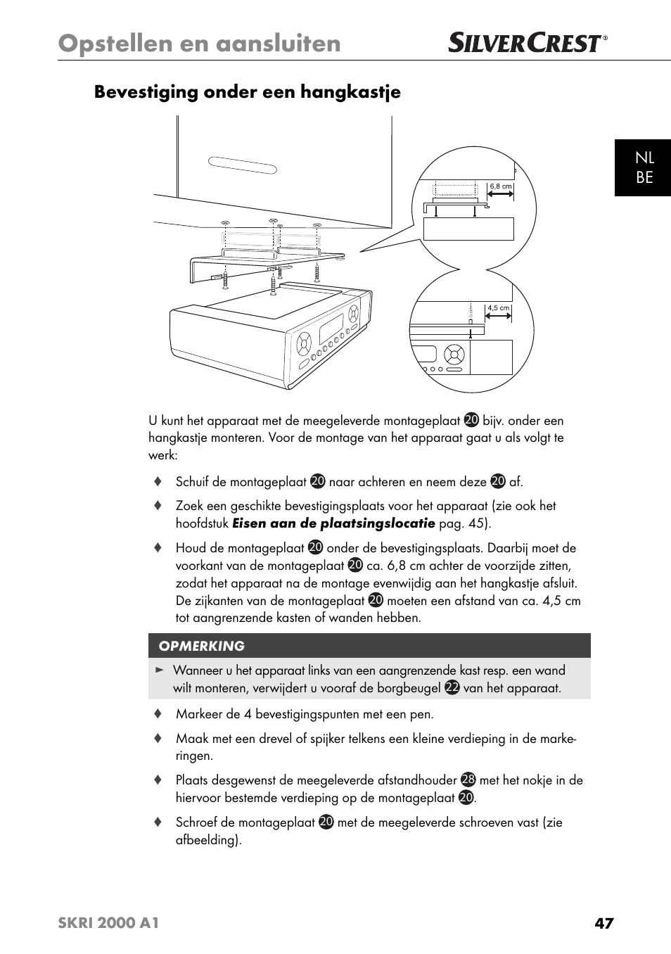 Opstellen en aansluiten, Bevestiging onder een hangkastje, Nl be | Silvercrest SKRI 2000 A1 User Manual | Page 50 / 147