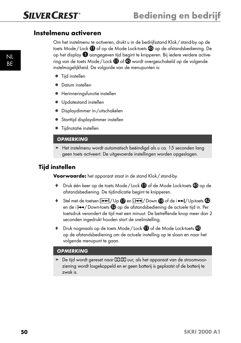 Bediening en bedrijf, Instelmenu activeren, Nl be | Tijd instellen | Silvercrest SKRI 2000 A1 User Manual | Page 53 / 147