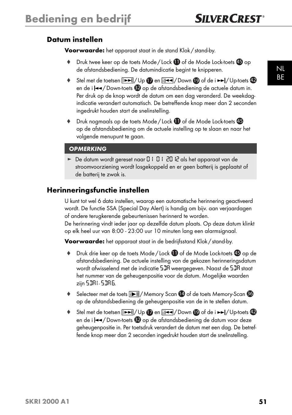 Bediening en bedrijf, Nl be datum instellen, Herinneringsfunctie instellen | Silvercrest SKRI 2000 A1 User Manual | Page 54 / 147