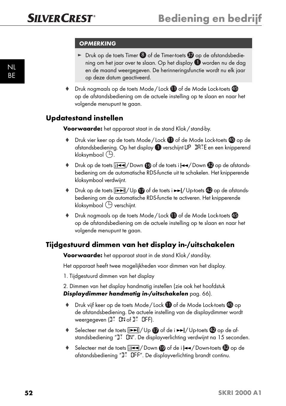 Bediening en bedrijf, Nl be, Updatestand instellen | Silvercrest SKRI 2000 A1 User Manual | Page 55 / 147