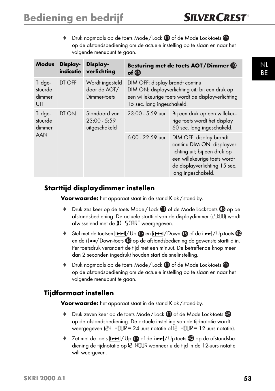 Bediening en bedrijf, Nl be, Starttijd displaydimmer instellen | Tijdformaat instellen | Silvercrest SKRI 2000 A1 User Manual | Page 56 / 147