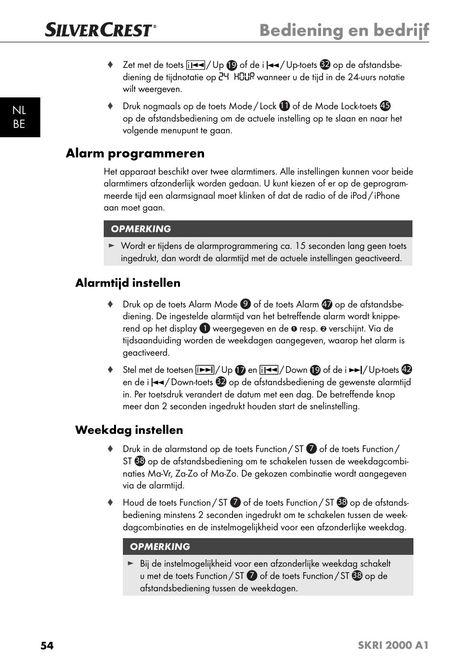 Bediening en bedrijf, Alarm programmeren, Nl be | Alarmtijd instellen, Weekdag instellen | Silvercrest SKRI 2000 A1 User Manual | Page 57 / 147