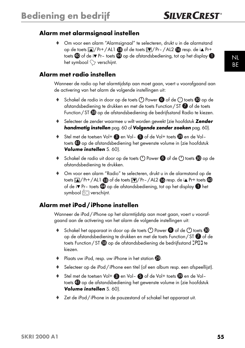 Bediening en bedrijf, Nl be alarm met alarmsignaal instellen, Alarm met radio instellen | Alarm met ipod / iphone instellen | Silvercrest SKRI 2000 A1 User Manual | Page 58 / 147