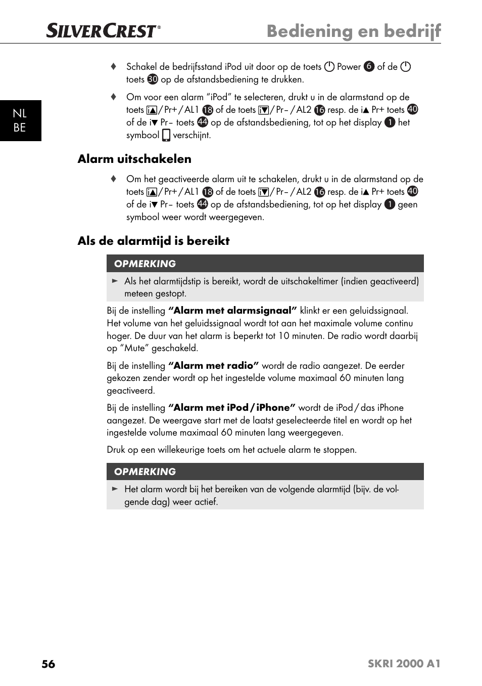 Bediening en bedrijf, Nl be, Alarm uitschakelen | Als de alarmtijd is bereikt | Silvercrest SKRI 2000 A1 User Manual | Page 59 / 147