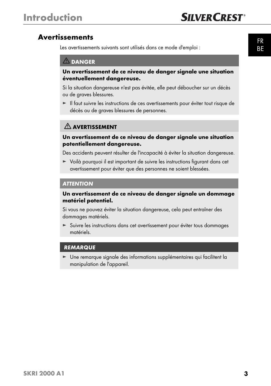 Introduction, Avertissements, Fr be | Silvercrest SKRI 2000 A1 User Manual | Page 6 / 147