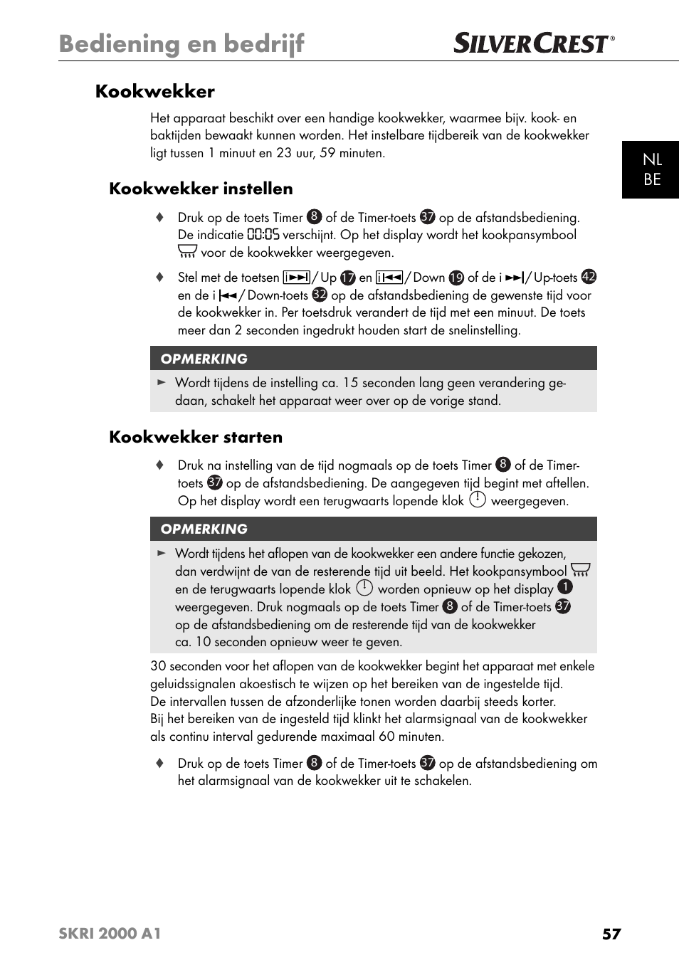 Bediening en bedrijf, Kookwekker, Nl be | Kookwekker instellen, Kookwekker starten | Silvercrest SKRI 2000 A1 User Manual | Page 60 / 147