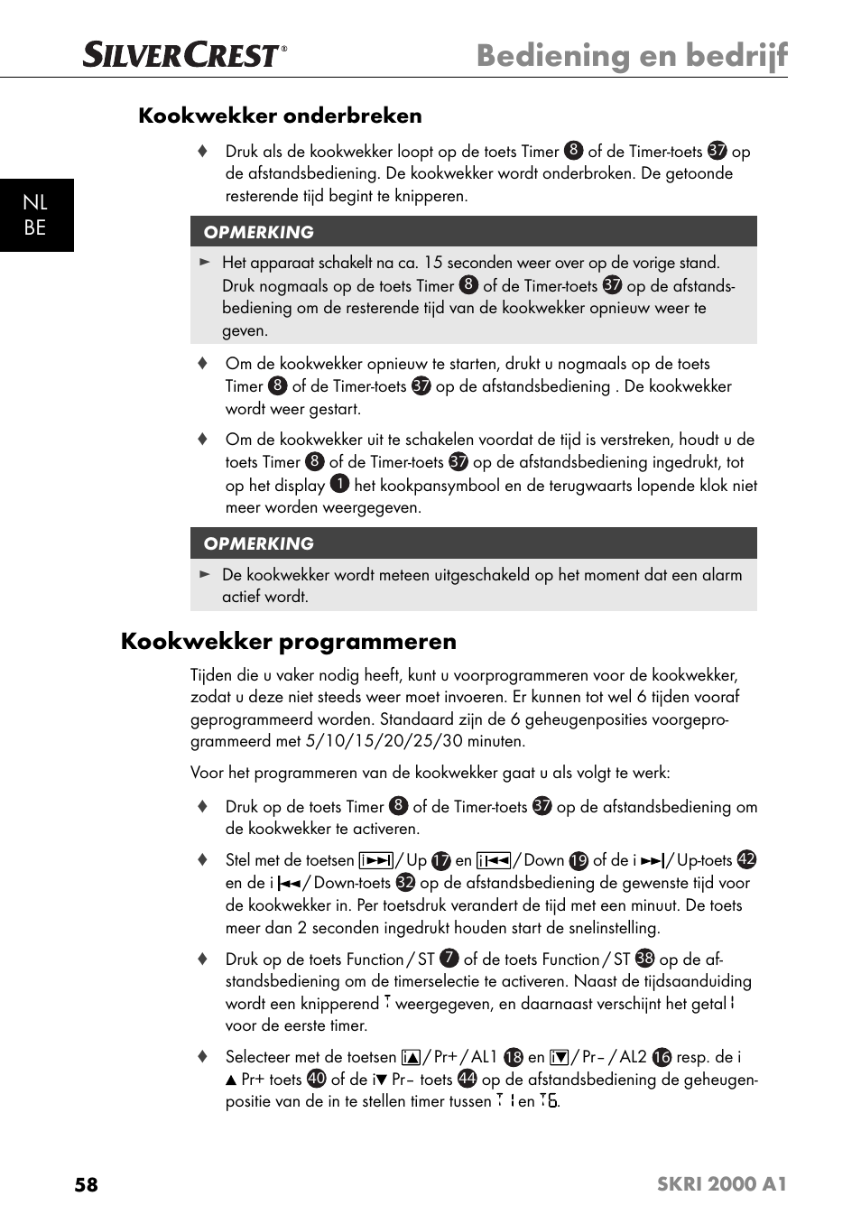 Bediening en bedrijf, Kookwekker programmeren, Nl be kookwekker onderbreken | Silvercrest SKRI 2000 A1 User Manual | Page 61 / 147