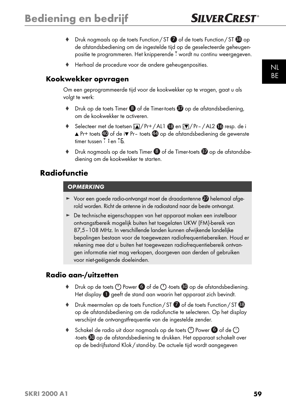 Bediening en bedrijf, Radiofunctie, Nl be | Kookwekker opvragen, Radio aan-/uitzetten | Silvercrest SKRI 2000 A1 User Manual | Page 62 / 147