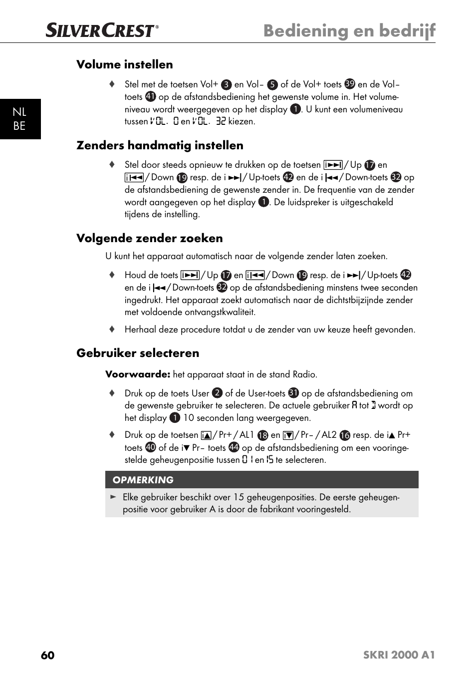 Bediening en bedrijf, Nl be volume instellen, Zenders handmatig instellen | Volgende zender zoeken, Gebruiker selecteren | Silvercrest SKRI 2000 A1 User Manual | Page 63 / 147