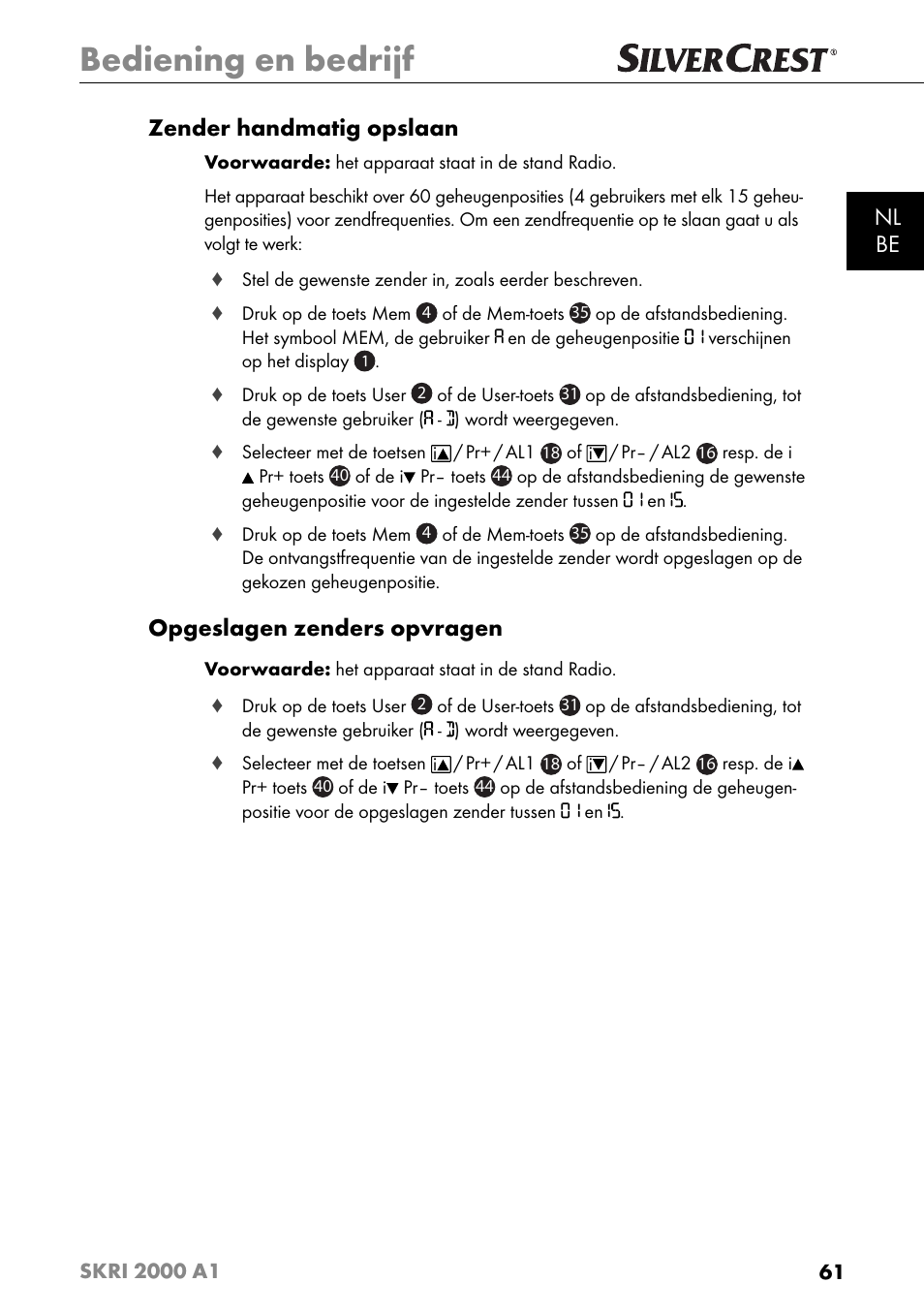 Bediening en bedrijf, Nl be zender handmatig opslaan, Opgeslagen zenders opvragen | Silvercrest SKRI 2000 A1 User Manual | Page 64 / 147