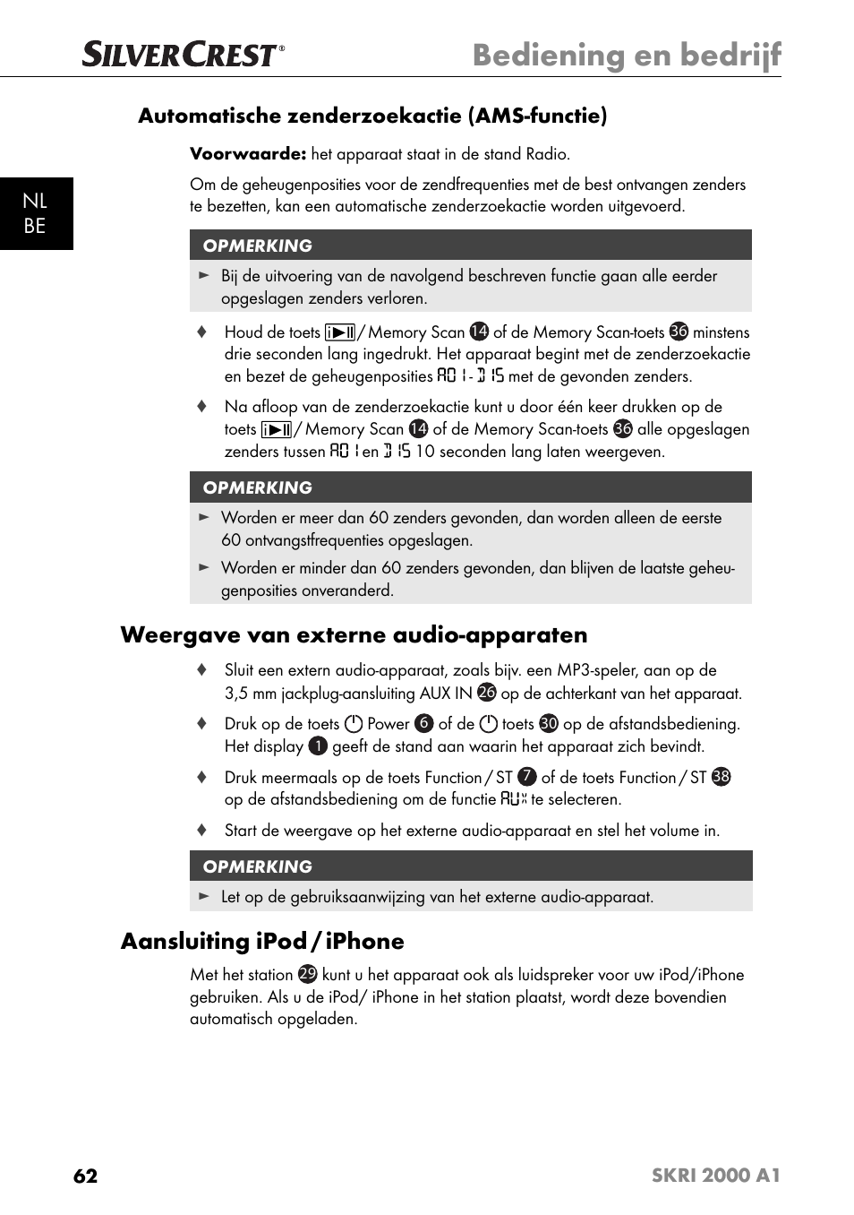 Bediening en bedrijf, Weergave van externe audio-apparaten, Aansluiting ipod / iphone | Nl be automatische zenderzoekactie (ams-functie) | Silvercrest SKRI 2000 A1 User Manual | Page 65 / 147