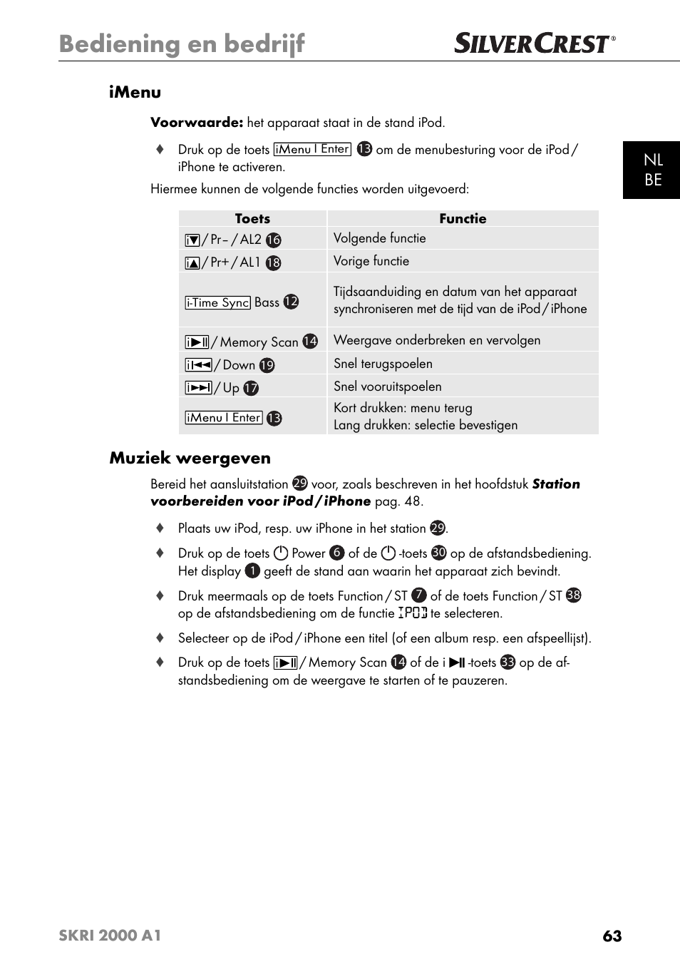 Bediening en bedrijf, Nl be imenu, Muziek weergeven | Silvercrest SKRI 2000 A1 User Manual | Page 66 / 147