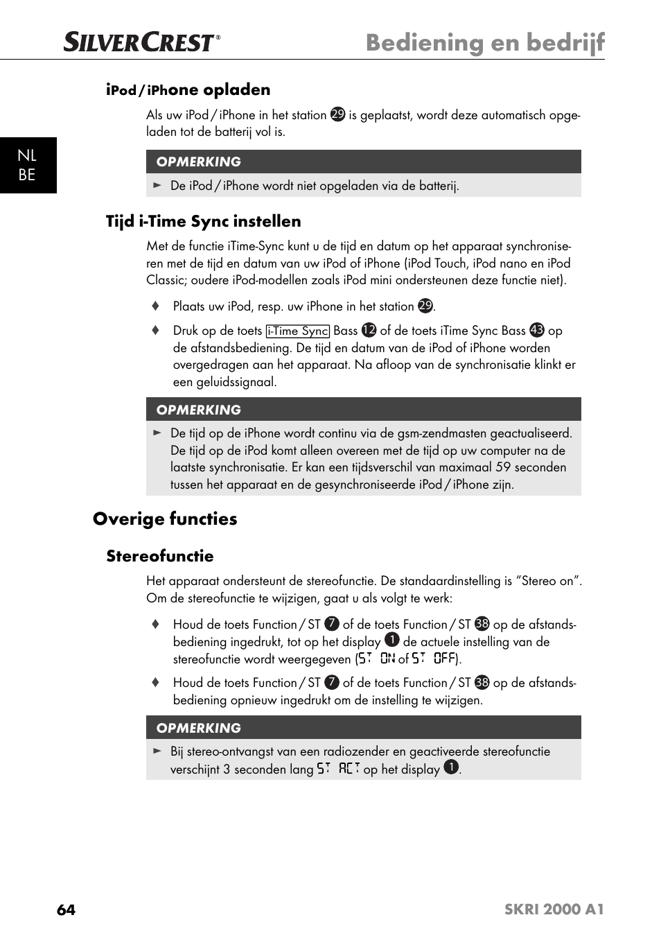 Bediening en bedrijf, Overige functies, Nl be i | One opladen, Tijd i-time sync instellen, Stereofunctie | Silvercrest SKRI 2000 A1 User Manual | Page 67 / 147