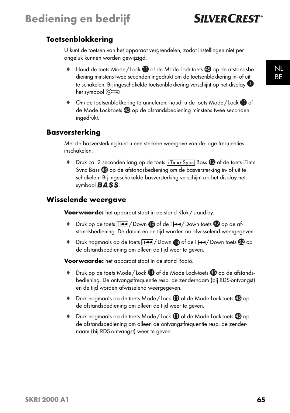 Bediening en bedrijf, Nl be toetsenblokkering, Basversterking | Wisselende weergave | Silvercrest SKRI 2000 A1 User Manual | Page 68 / 147