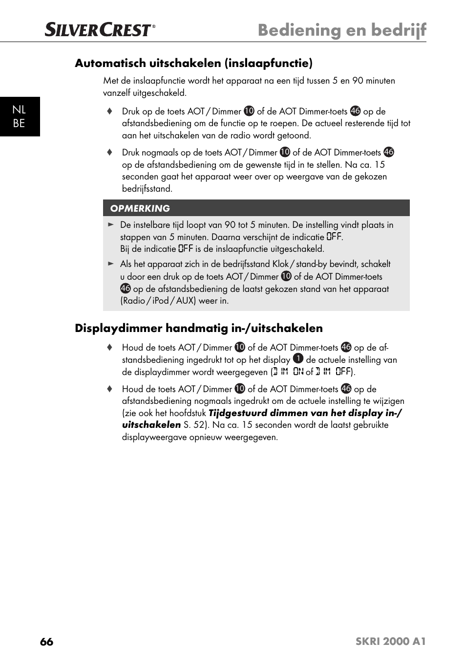 Bediening en bedrijf, Nl be automatisch uitschakelen (inslaapfunctie), Displaydimmer handmatig in-/uitschakelen | Silvercrest SKRI 2000 A1 User Manual | Page 69 / 147