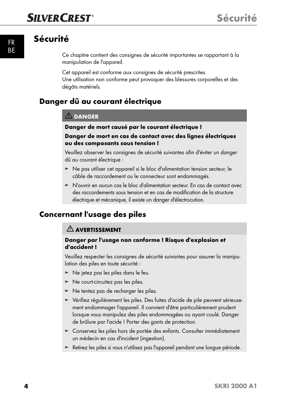 Sécurité, Danger dû au courant électrique, Concernant l'usage des piles | Fr be | Silvercrest SKRI 2000 A1 User Manual | Page 7 / 147