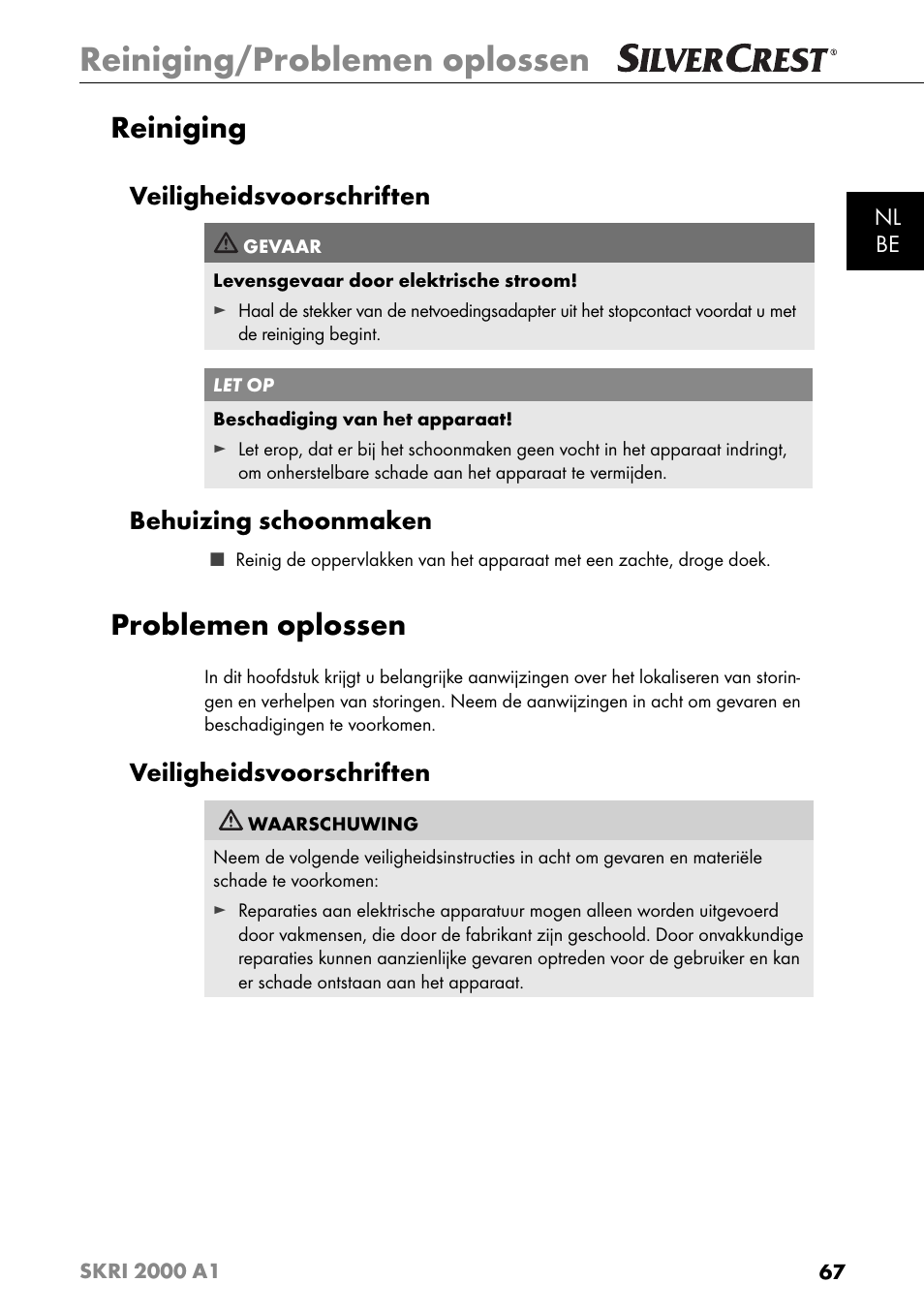 Reiniging/problemen oplossen, Reiniging, Problemen oplossen | Veiligheidsvoorschriften, Behuizing schoonmaken | Silvercrest SKRI 2000 A1 User Manual | Page 70 / 147