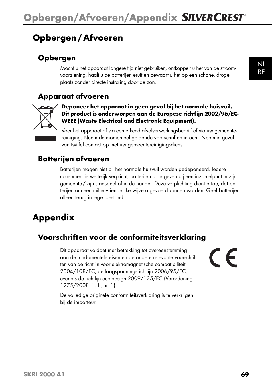 Opbergen/afvoeren/appendix, Opbergen / afvoeren, Appendix | Opbergen, Apparaat afvoeren, Batterijen afvoeren, Voorschriften voor de conformiteitsverklaring | Silvercrest SKRI 2000 A1 User Manual | Page 72 / 147