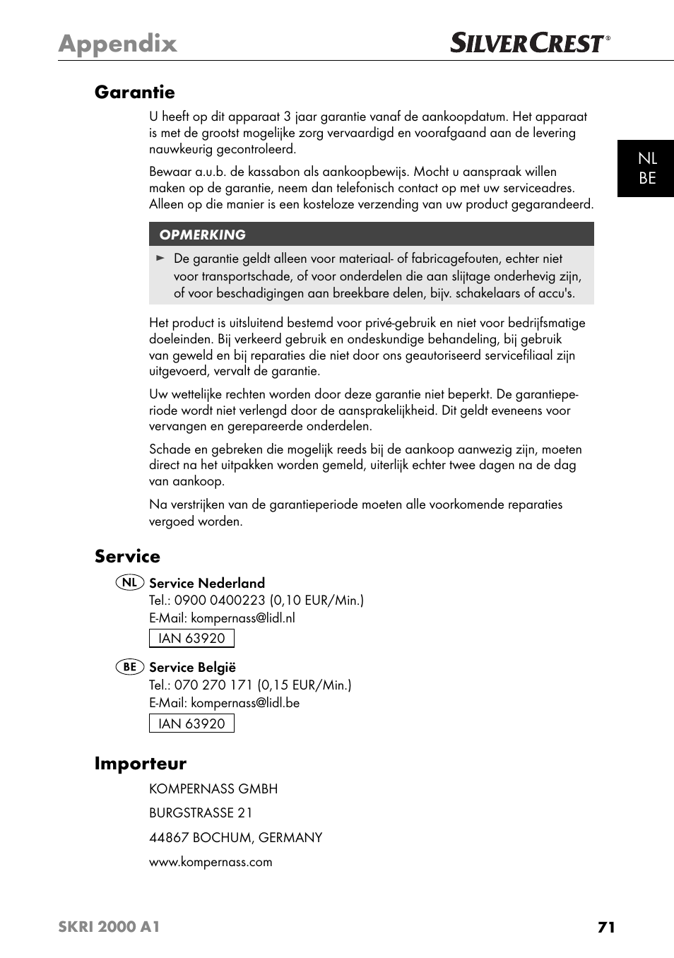 Appendix, Garantie, Service | Importeur, Nl be | Silvercrest SKRI 2000 A1 User Manual | Page 74 / 147