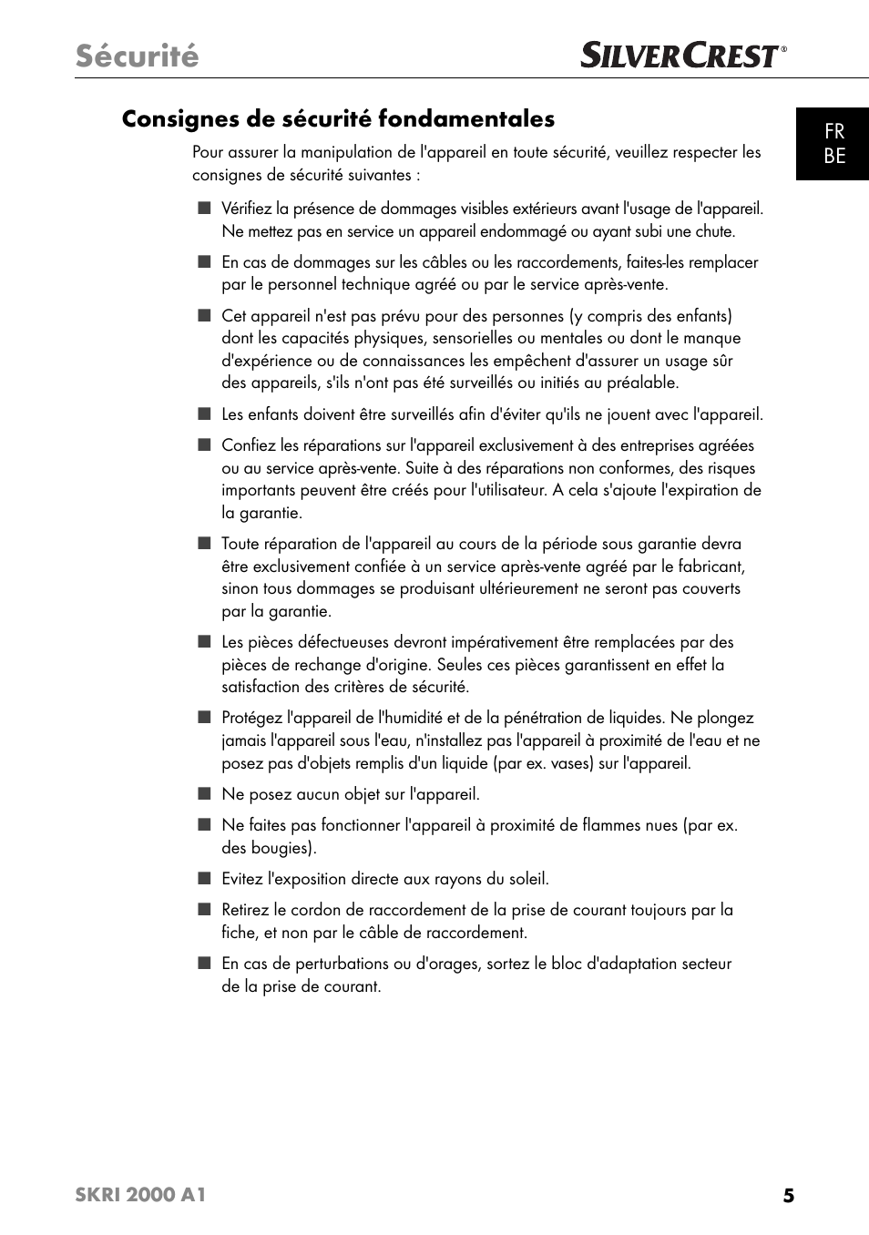 Sécurité, Consignes de sécurité fondamentales, Fr be | Silvercrest SKRI 2000 A1 User Manual | Page 8 / 147