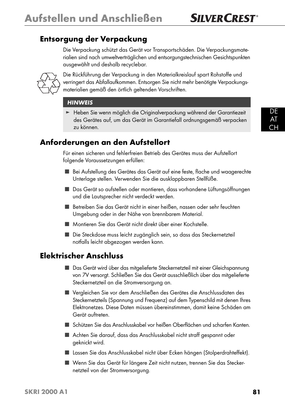 Aufstellen und anschließen, Entsorgung der verpackung, Anforderungen an den aufstellort | Elektrischer anschluss, De at ch | Silvercrest SKRI 2000 A1 User Manual | Page 84 / 147