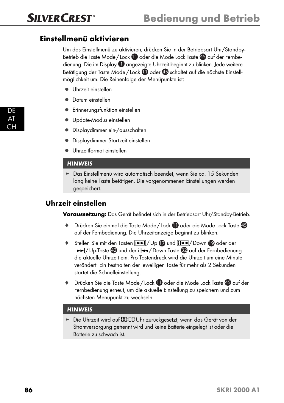 Bedienung und betrieb, Einstellmenü aktivieren, De at ch | Uhrzeit einstellen | Silvercrest SKRI 2000 A1 User Manual | Page 89 / 147