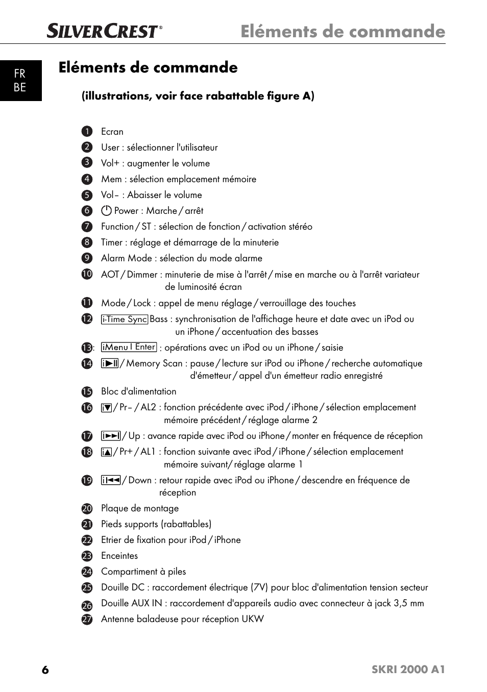 Eléments de commande, Fr be | Silvercrest SKRI 2000 A1 User Manual | Page 9 / 147