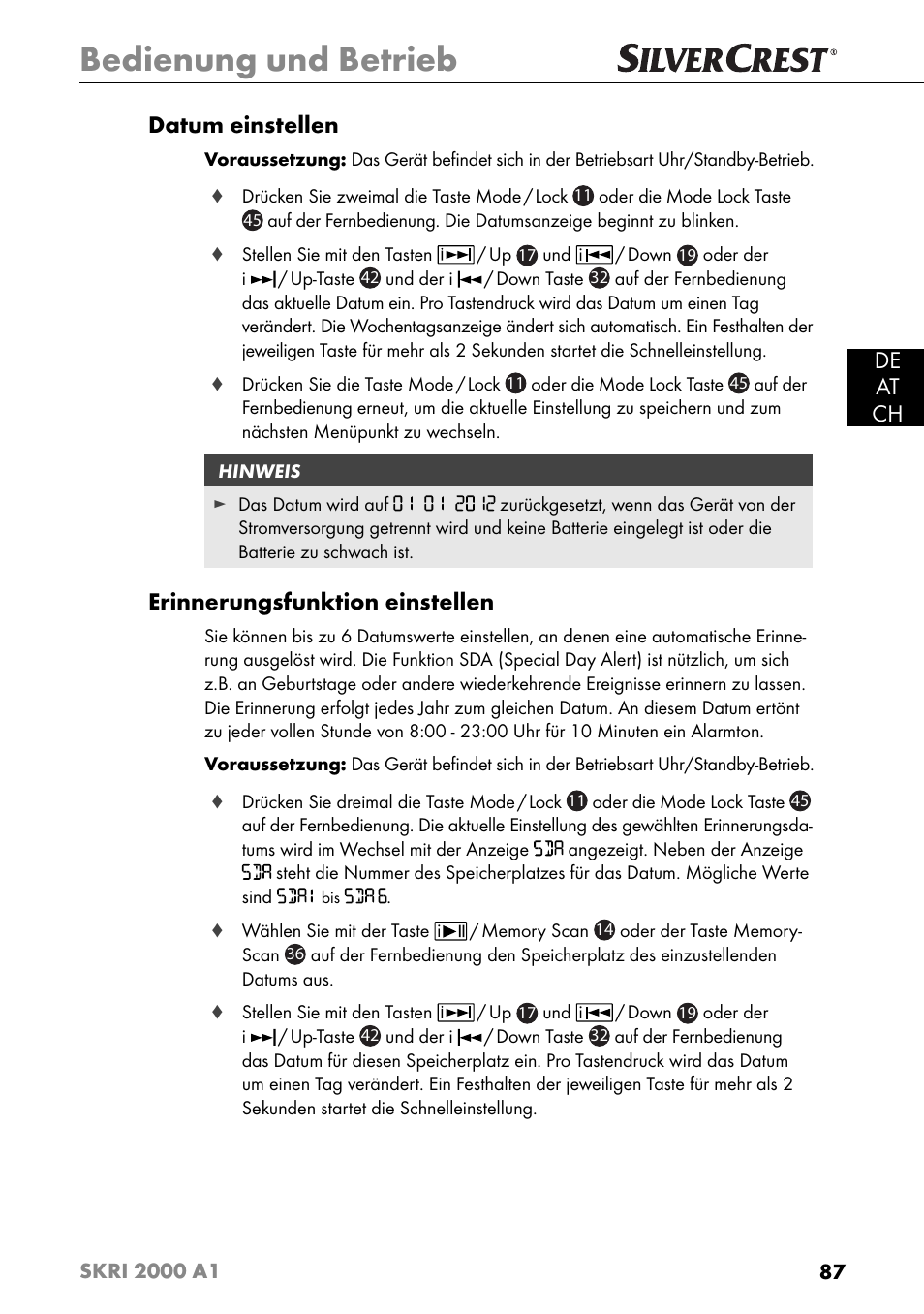 Bedienung und betrieb, De at ch datum einstellen, Erinnerungsfunktion einstellen | Silvercrest SKRI 2000 A1 User Manual | Page 90 / 147