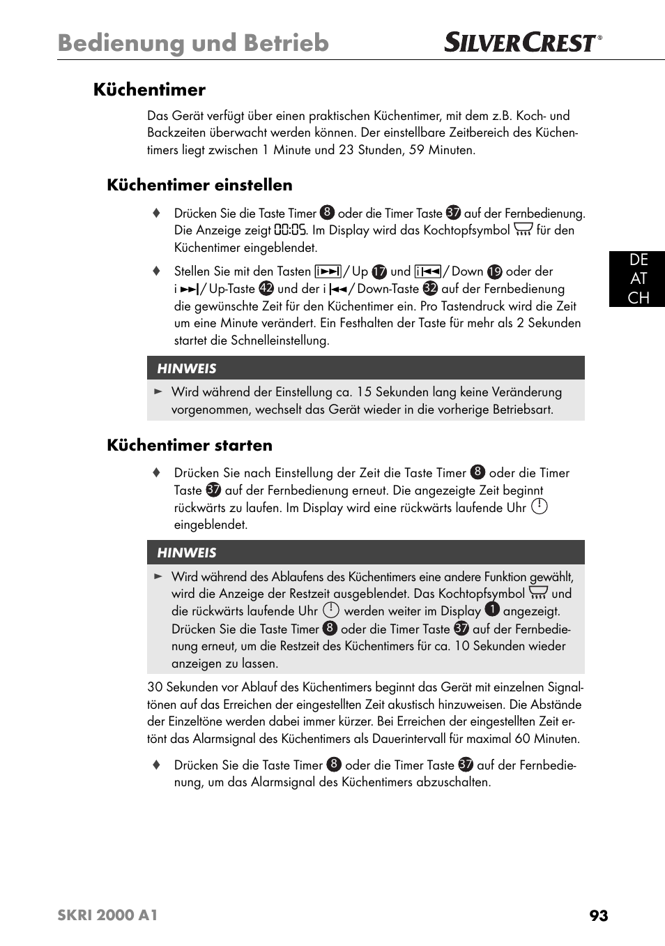 Bedienung und betrieb, Küchentimer, De at ch | Küchentimer einstellen, Küchentimer starten | Silvercrest SKRI 2000 A1 User Manual | Page 96 / 147