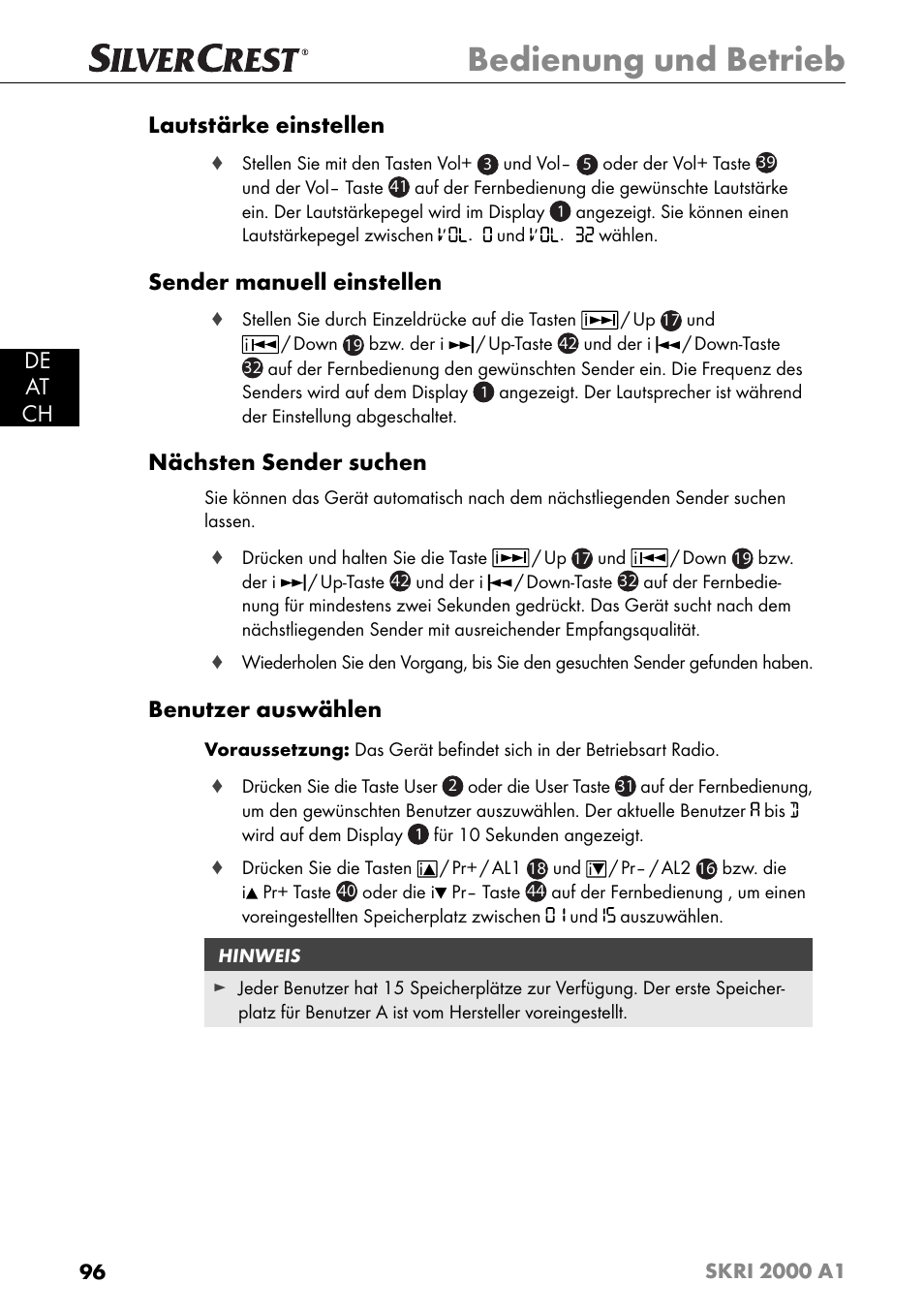 Bedienung und betrieb, De at ch lautstärke einstellen, Sender manuell einstellen | Nächsten sender suchen, Benutzer auswählen | Silvercrest SKRI 2000 A1 User Manual | Page 99 / 147