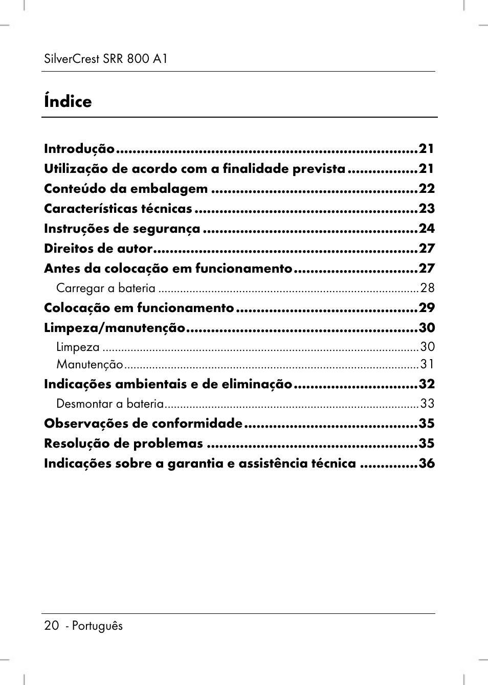 Índice | Silvercrest SRR 800 A1 User Manual | Page 22 / 76