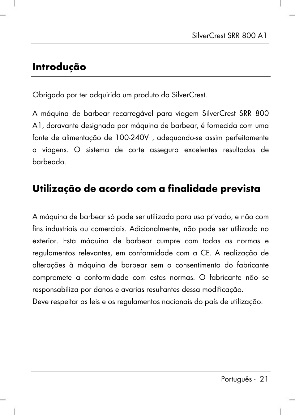 Introdução, Utilização de acordo com a finalidade prevista | Silvercrest SRR 800 A1 User Manual | Page 23 / 76