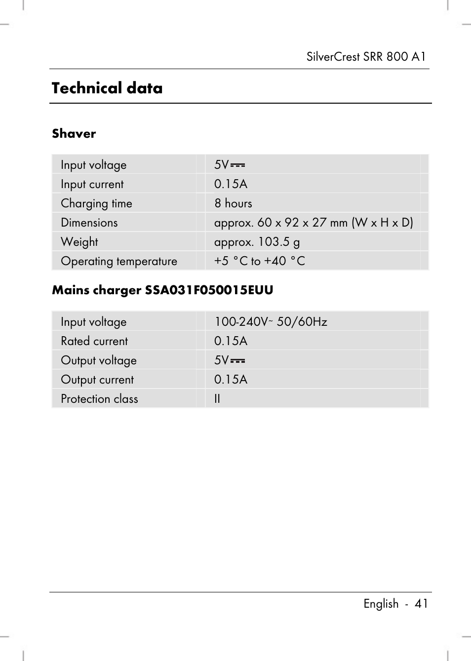 Technical data | Silvercrest SRR 800 A1 User Manual | Page 43 / 76