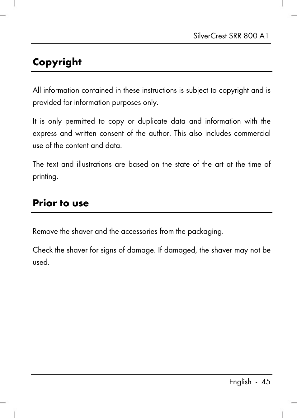Copyright, Prior to use | Silvercrest SRR 800 A1 User Manual | Page 47 / 76