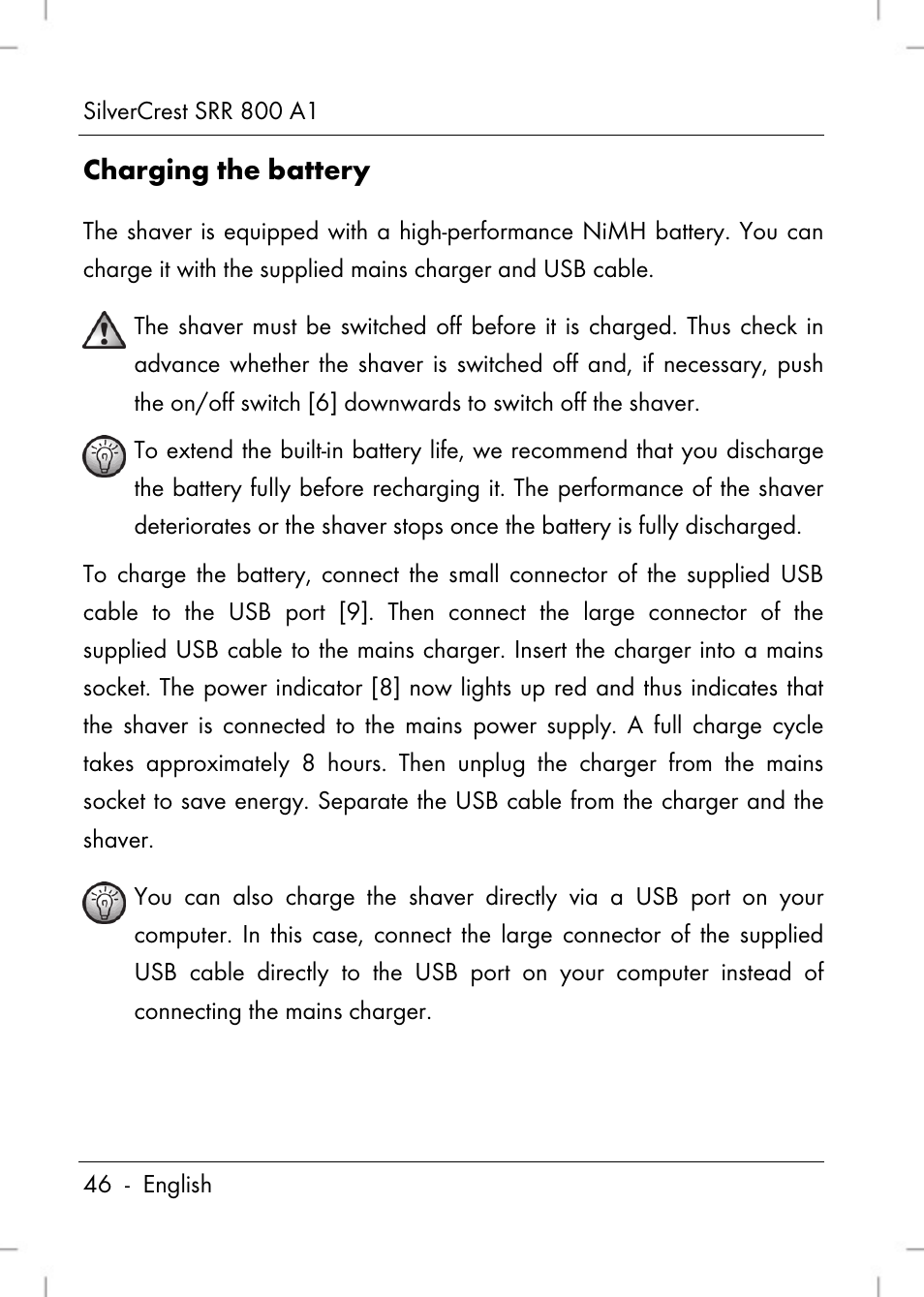 Charging the battery | Silvercrest SRR 800 A1 User Manual | Page 48 / 76