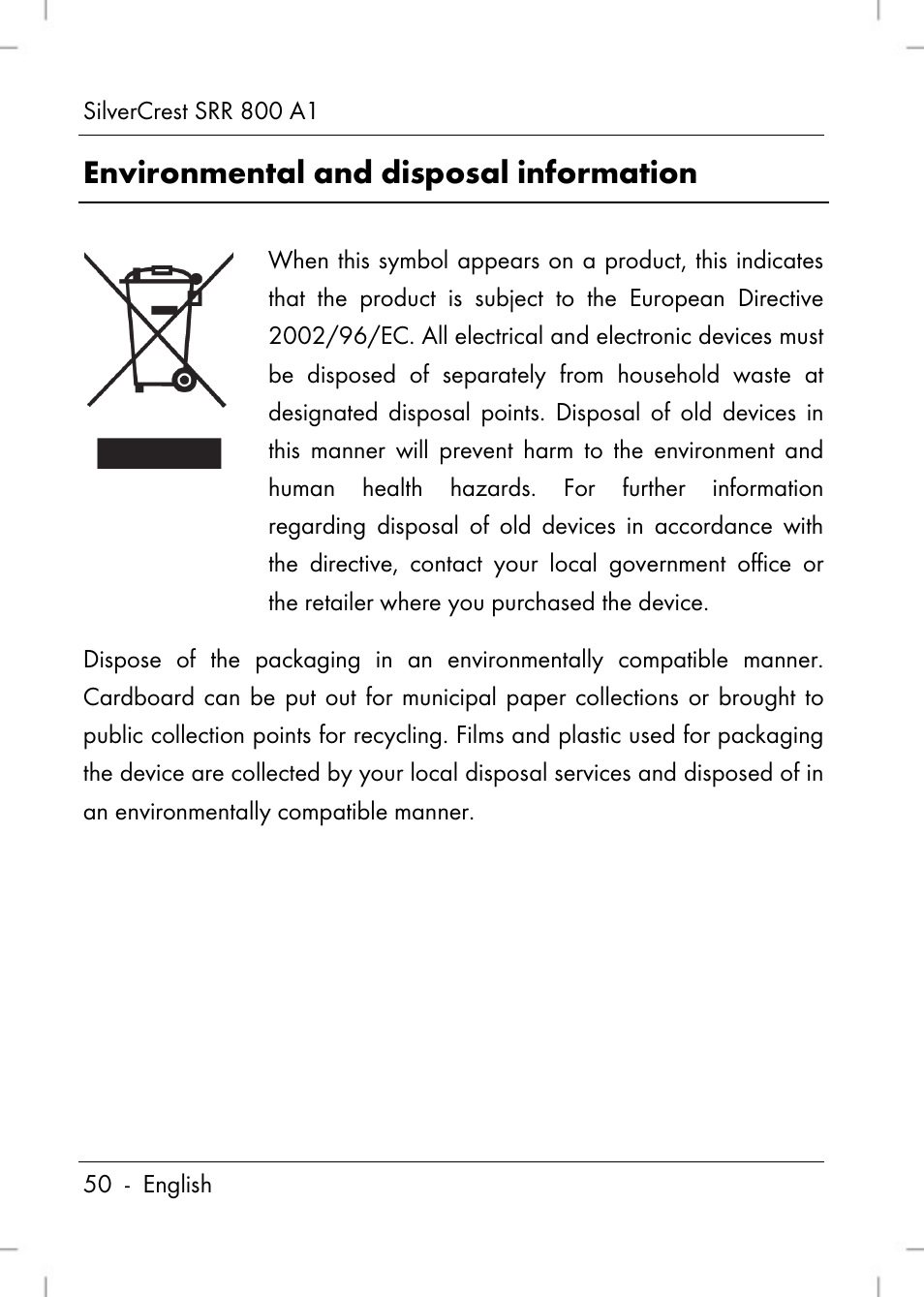 Environmental and disposal information | Silvercrest SRR 800 A1 User Manual | Page 52 / 76