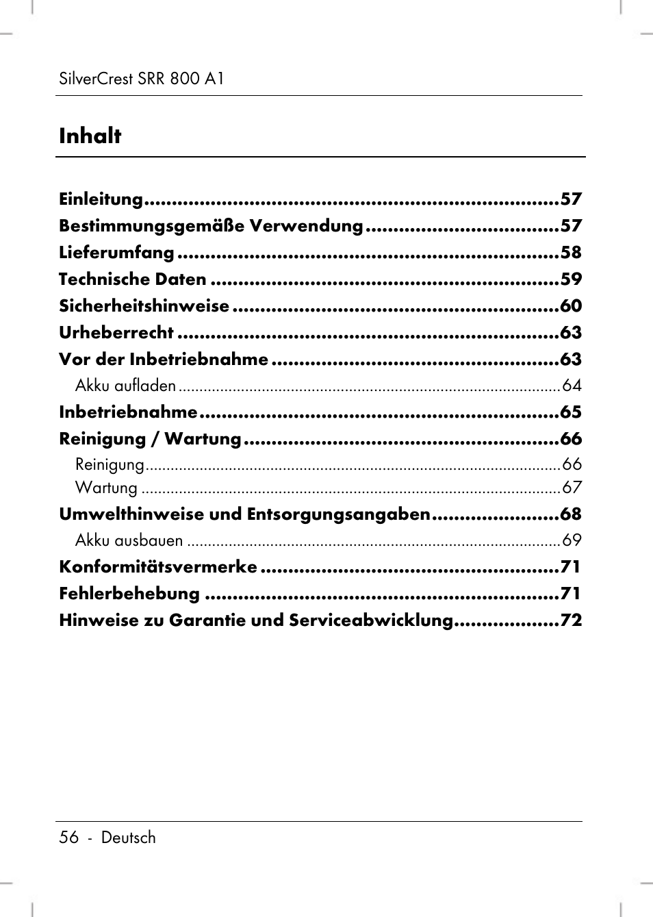 Inhalt | Silvercrest SRR 800 A1 User Manual | Page 58 / 76