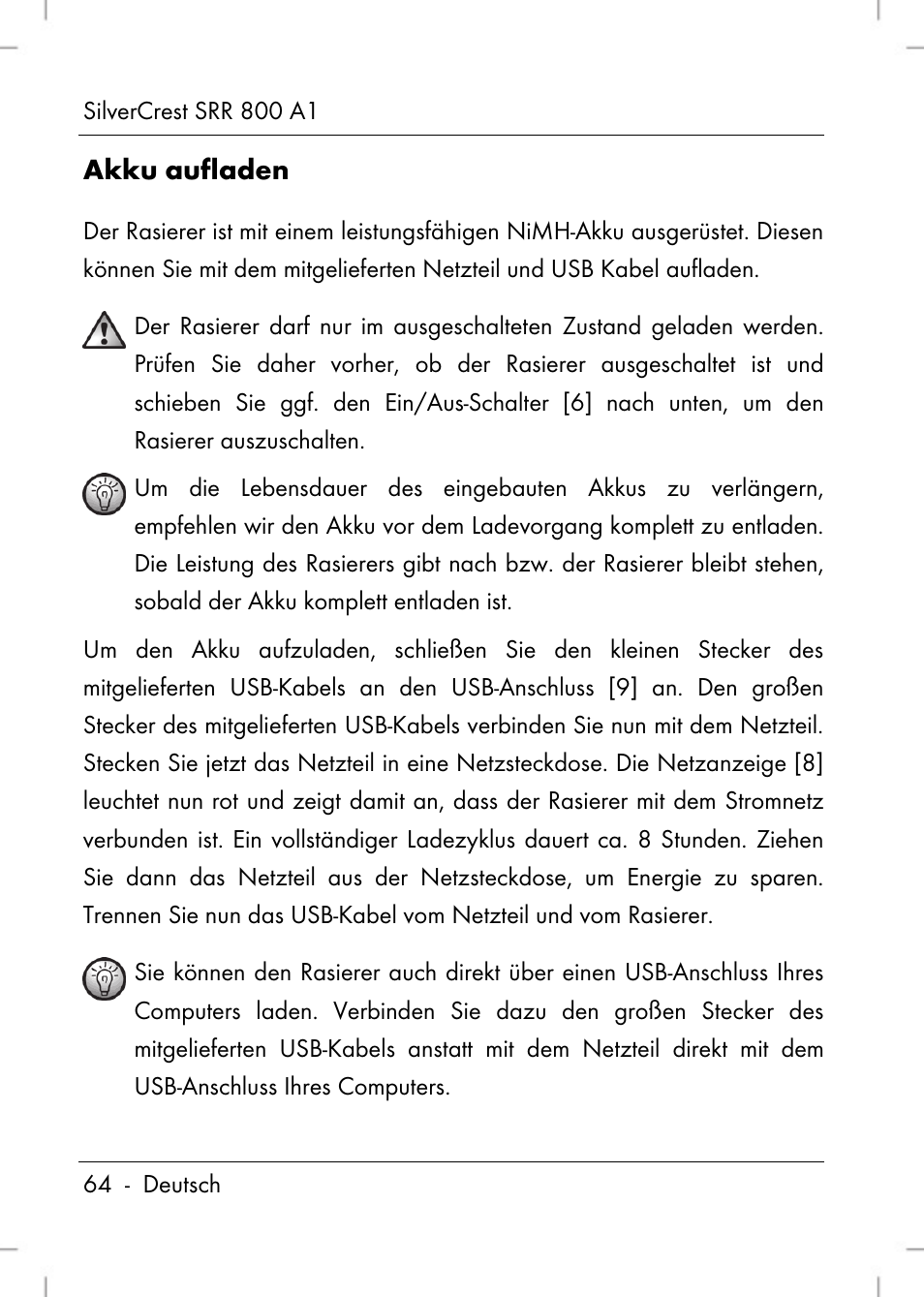 Akku aufladen | Silvercrest SRR 800 A1 User Manual | Page 66 / 76