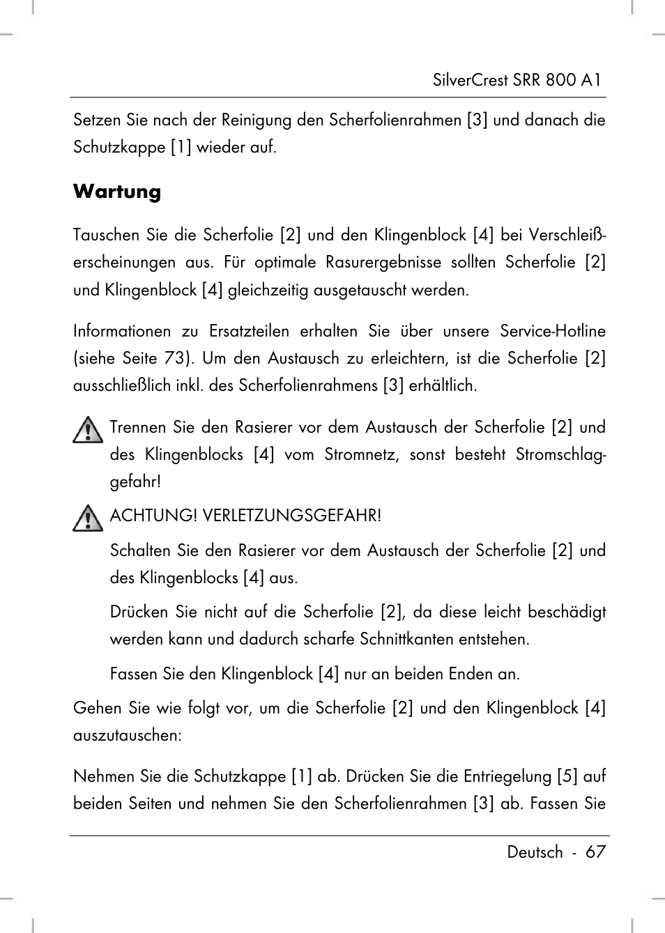 Wartung | Silvercrest SRR 800 A1 User Manual | Page 69 / 76