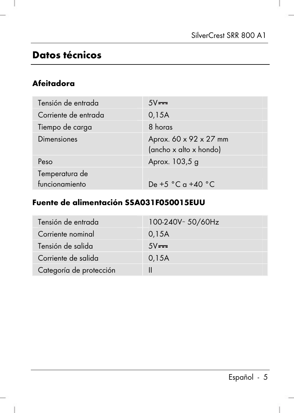 Datos técnicos | Silvercrest SRR 800 A1 User Manual | Page 7 / 76