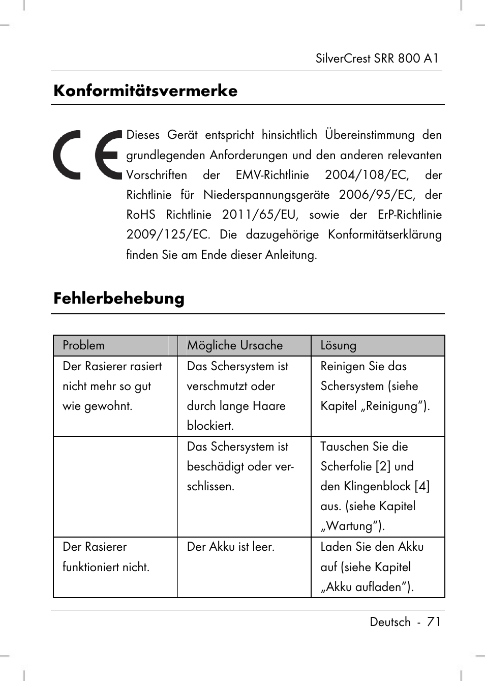 Konformitätsvermerke, Fehlerbehebung | Silvercrest SRR 800 A1 User Manual | Page 73 / 76
