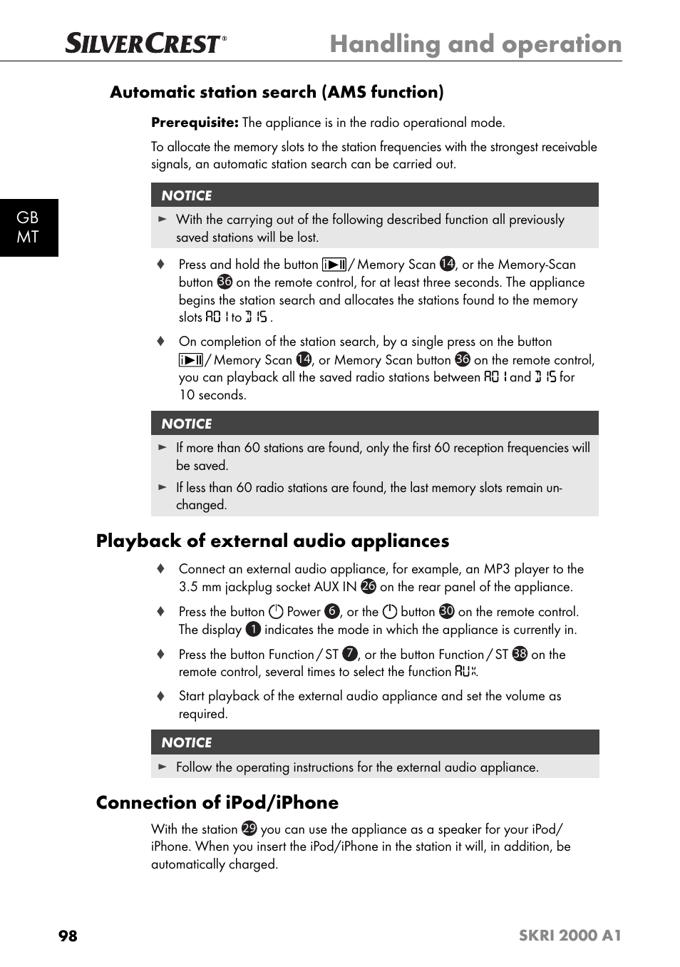 Handling and operation, Playback of external audio appliances, Connection of ipod/iphone | Gb mt automatic station search (ams function) | Silvercrest SKRI 2000 A1 User Manual | Page 101 / 147
