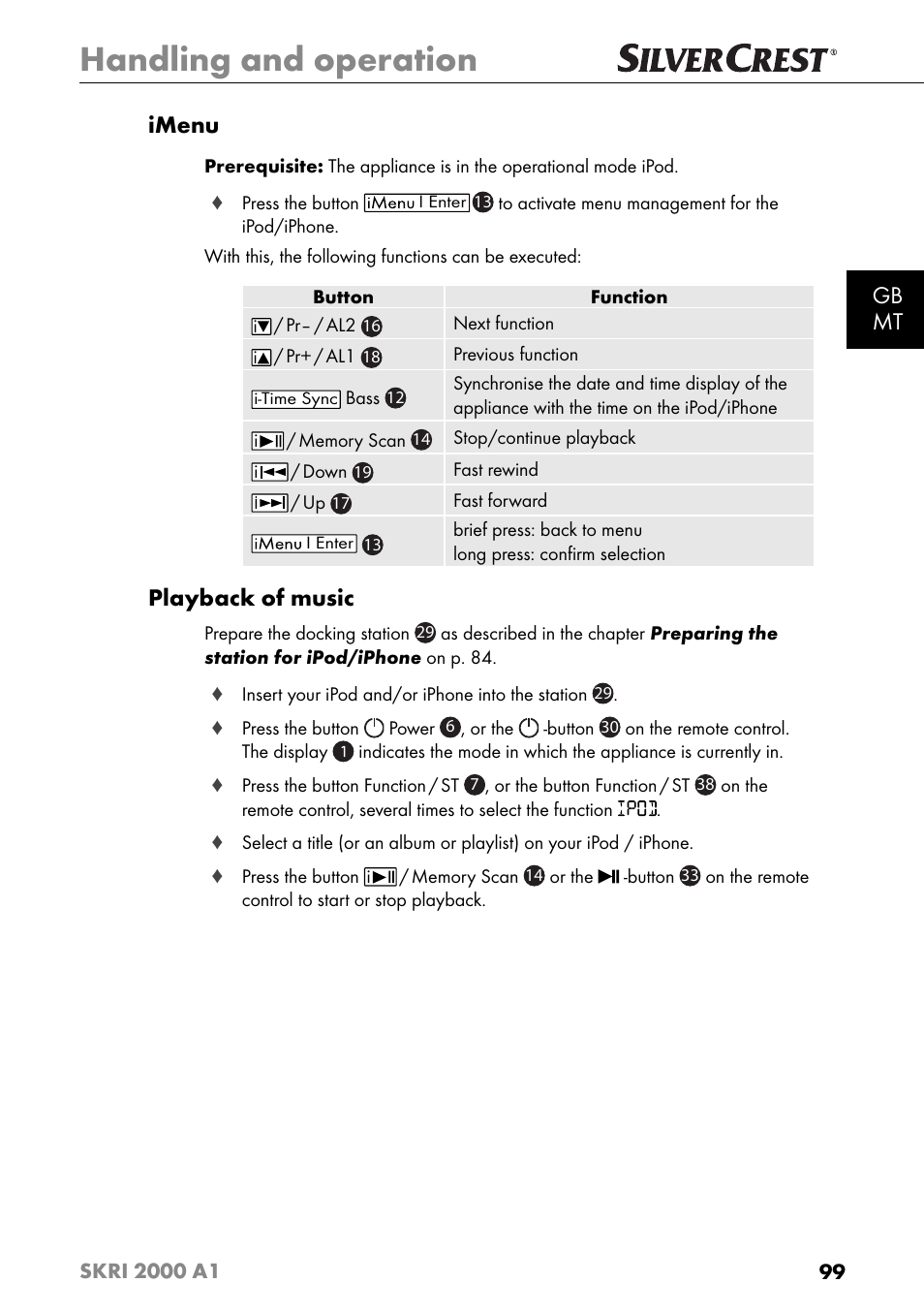 Handling and operation, Gb mt imenu, Playback of music | Silvercrest SKRI 2000 A1 User Manual | Page 102 / 147