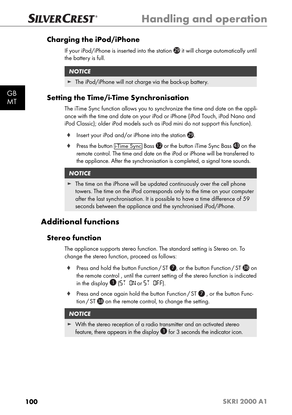 Handling and operation, Additional functions, Gb mt charging the ipod/iphone | Setting the time/i-time synchronisation, Stereo function | Silvercrest SKRI 2000 A1 User Manual | Page 103 / 147