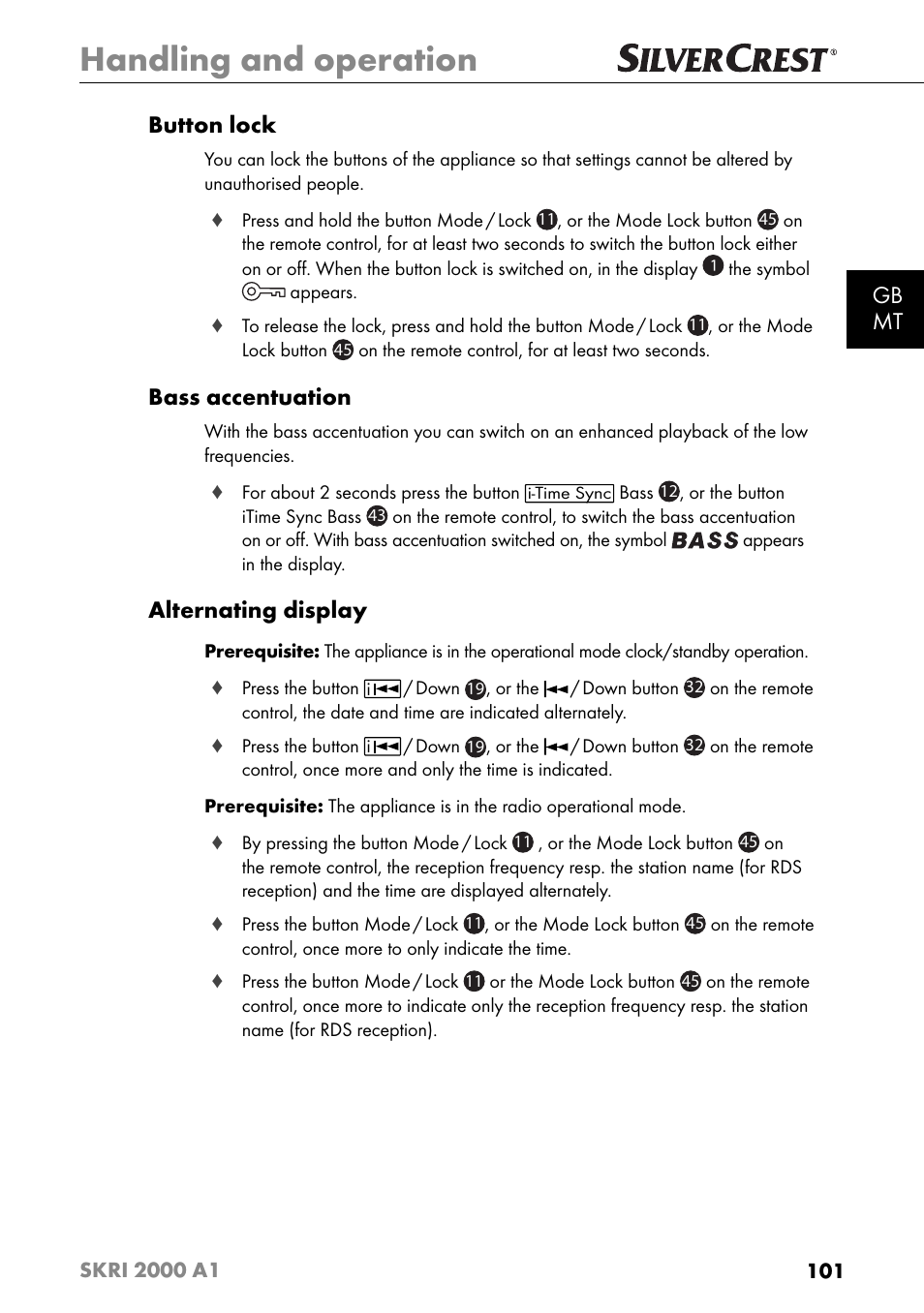 Handling and operation, Gb mt button lock, Bass accentuation | Alternating display | Silvercrest SKRI 2000 A1 User Manual | Page 104 / 147
