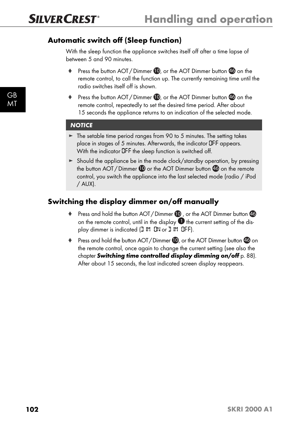 Handling and operation, Gb mt automatic switch oﬀ (sleep function), Switching the display dimmer on/oﬀ manually | Silvercrest SKRI 2000 A1 User Manual | Page 105 / 147