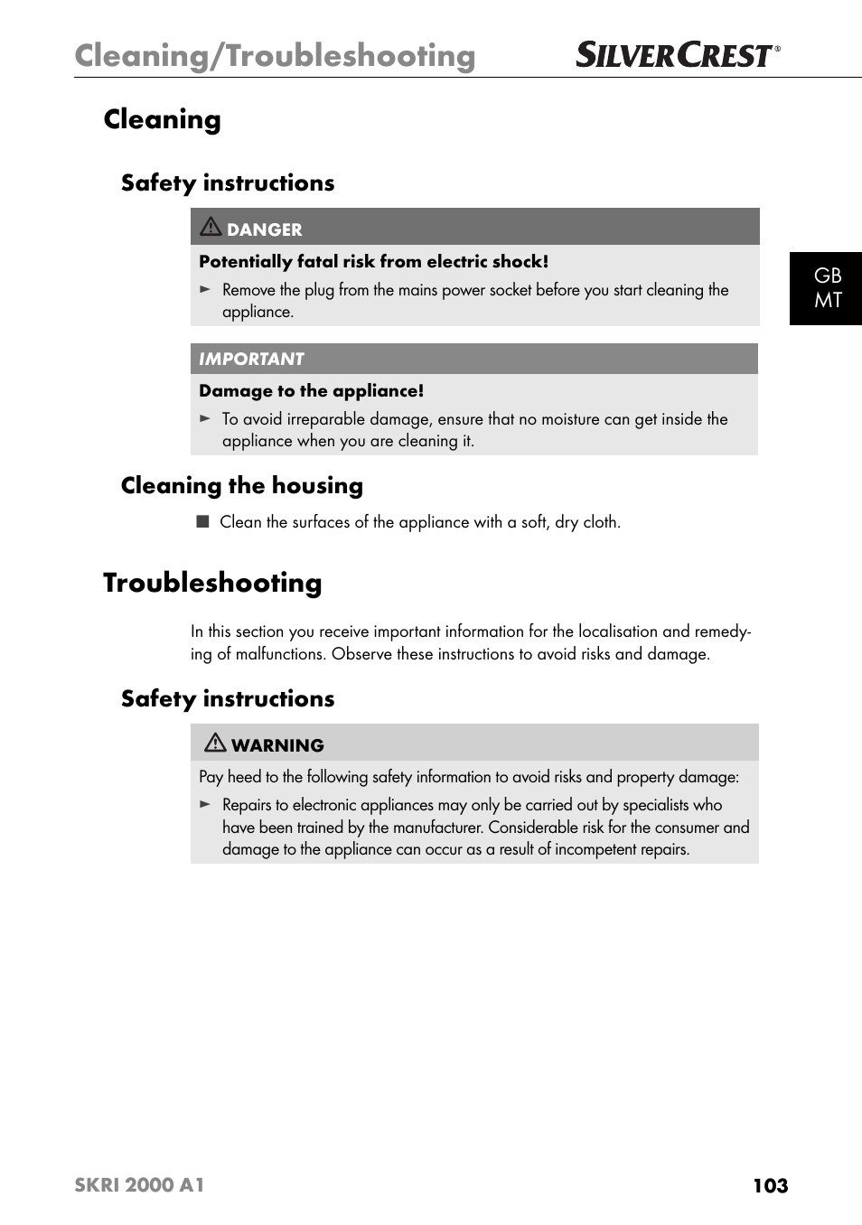 Cleaning/troubleshooting, Cleaning, Troubleshooting | Safety instructions, Cleaning the housing | Silvercrest SKRI 2000 A1 User Manual | Page 106 / 147